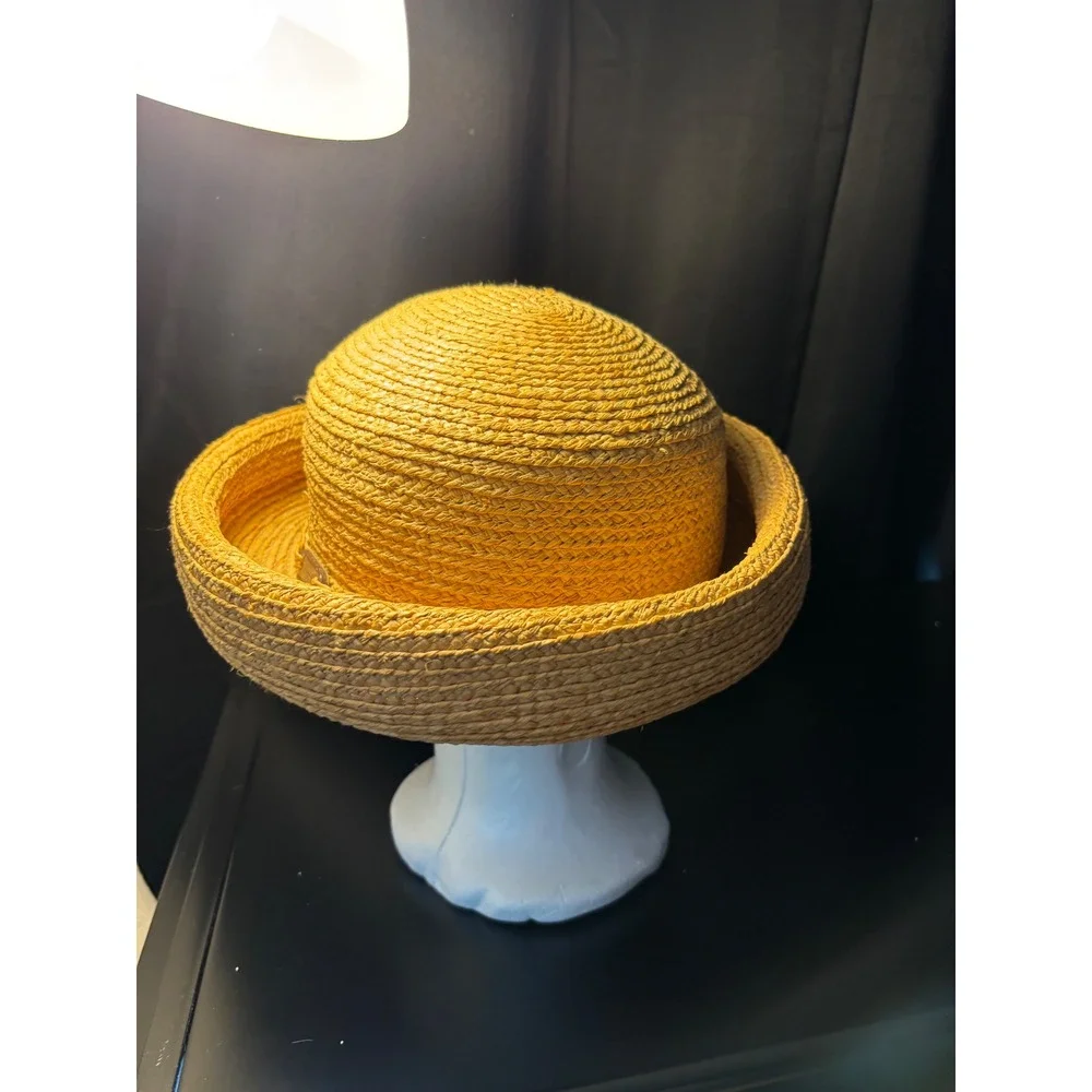 Liz Claiborne Vintage Woven Straw Sun Hat Tan Wide Upturned Brim Summer Beach